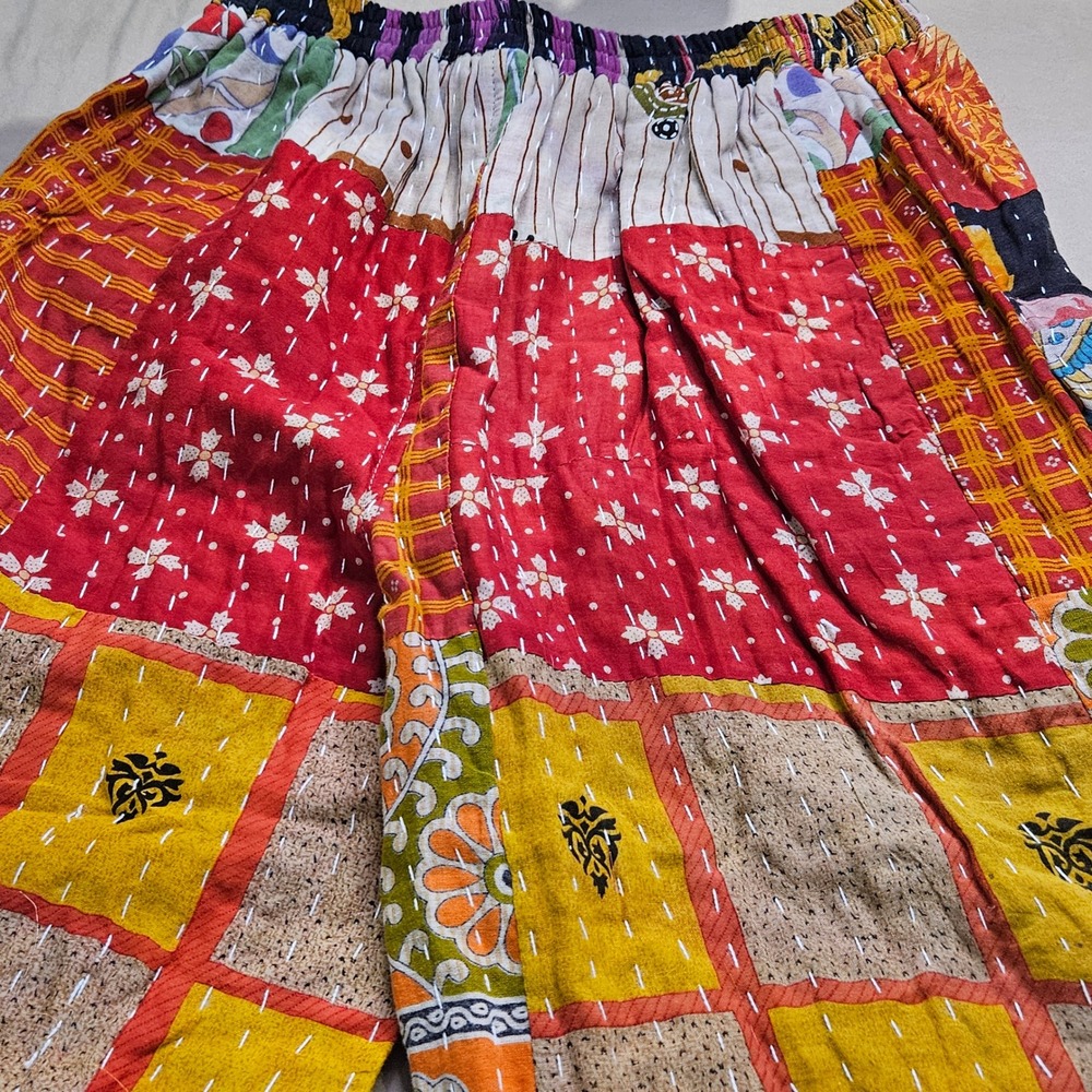 Boho Patchwork Wide Leg Pants S/M Comfy Funky Artsy Hippie Festival Colorful - Picture 10 of 12